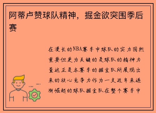 阿蒂卢赞球队精神，掘金欲突围季后赛